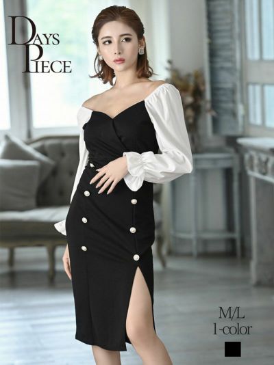 モノトーンオフショルダー膝丈キャバワンピース【DAYS PIECE】(M/L)(ブラック)