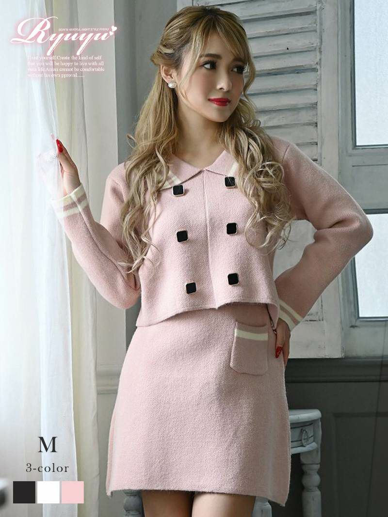 襟付きニットストレッチキャバクラスーツ なつね 着用キャバスーツ 【Ryuyu】台形ミニスカートセットアップナイトスーツ