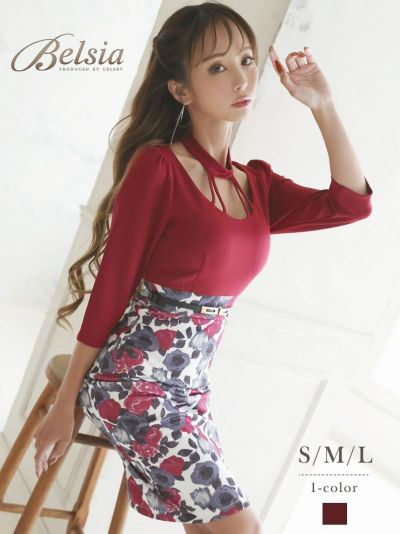 MAX半額SALE￥6980→￥6282！ 花柄バイカラーハイウエスト 武田静加 着用 袖付きミニドレス【Belsia】(S/M/L)(ネイビー/ワイン)