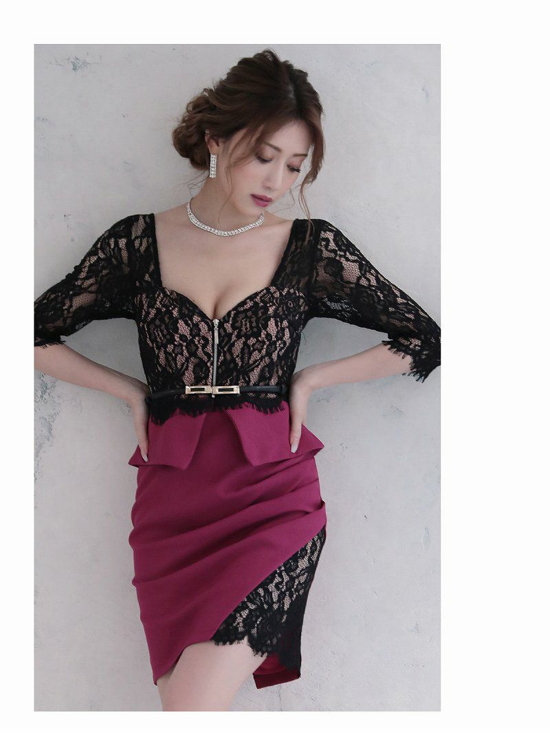 【Belsia】谷間魅せジップ付きバイカラーキャバクラドレス 加賀美早紀 着用キャバドレス シアーレースストレッチミニドレス【ベルシア】