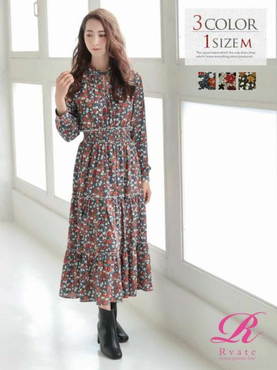 Rvate 裾フレア花柄マキシ丈ワンピース ウエストゴム長袖ロングワンピ Rew You リューユ Rvate 裾フレア花柄マキシ丈ワンピース ウエストゴム長袖ロングワンピ Rew You リューユ