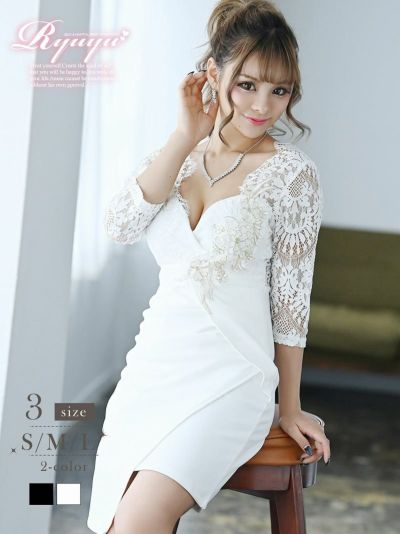 シアーレース袖タイトキャバクラドレス まぁみ　ゆずは 着用キャバクラドレス【Ryuyu】(S/M/L)(ブラック/ホワイト)