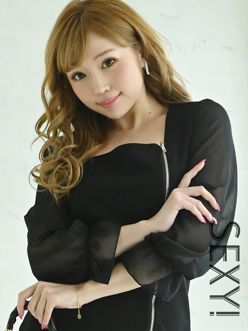 XLサイズ完備 フロントジッパー袖付きキャバクラドレス【Ryuyuchick/リューユチック】(M/L/XL)(ブラック)