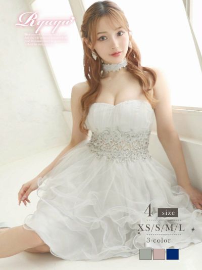 圧倒的存在感！花柄刺繍ふんわりフリルキャバクラドレス キャバドレス【Ryuyu】(XS/S/M/L)(ピンク/シルバー/ブルー)