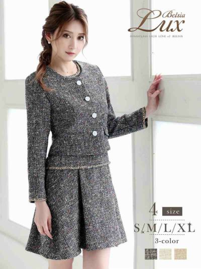 スーツSALE¥12980→¥11682! カラーツイードフレアーワンピーススーツ 加賀美早紀 着用【BelsiaLUX】(S/M/L/XL)(ホワイト/ピンク/ブラック)