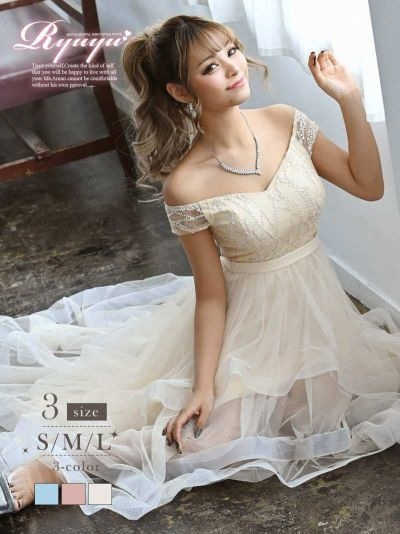 主役級ワンカラーフリル前ミニロングドレス まぁみ着用ドレス【Ryuyu】(S/M/L)(ピンク/アイボリー/ブルー)