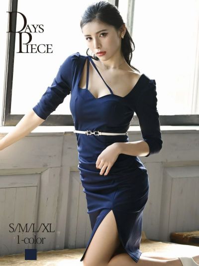 シャーリングアシンメトリーキャバワンピース【DAYS PIECE】(S/M/L/XL)(ネイビー)