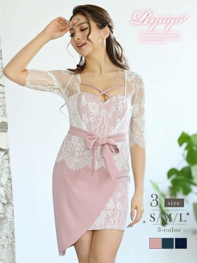 バストクロス花柄レースキャバクラドレス ゆきぽよ 着用キャバドレス【Ryuyu】(S/M/L)(グリーン/ピンク/ネイビー)
