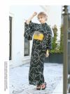 【即納】モノトーン大人モダン花柄キャバ浴衣 ゆずは 着用高級浴衣3点セット(フリーサイズ)(花柄)