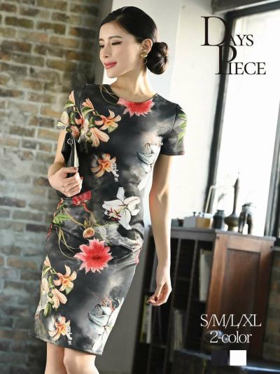 韓国テイスト花柄袖付きタイトキャバワンピース【DAYS PIECE】(S/M/L/XL)(ブラック/グレー)