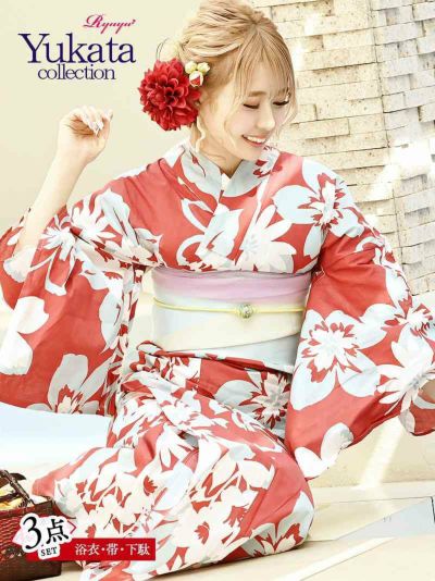 浴衣 大判花柄レトロ風デザインモダン浴衣 ゆずは 着用レディースゆかた3点セット(フリーサイズ)(レッド)