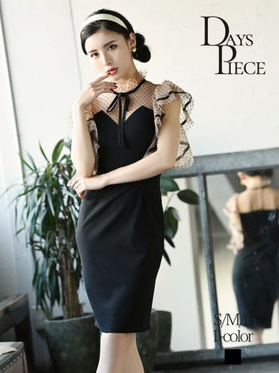 ドット柄シースルーフリル袖ミニドレス【DAYS PIECE】(S/M/L)(ブラック)