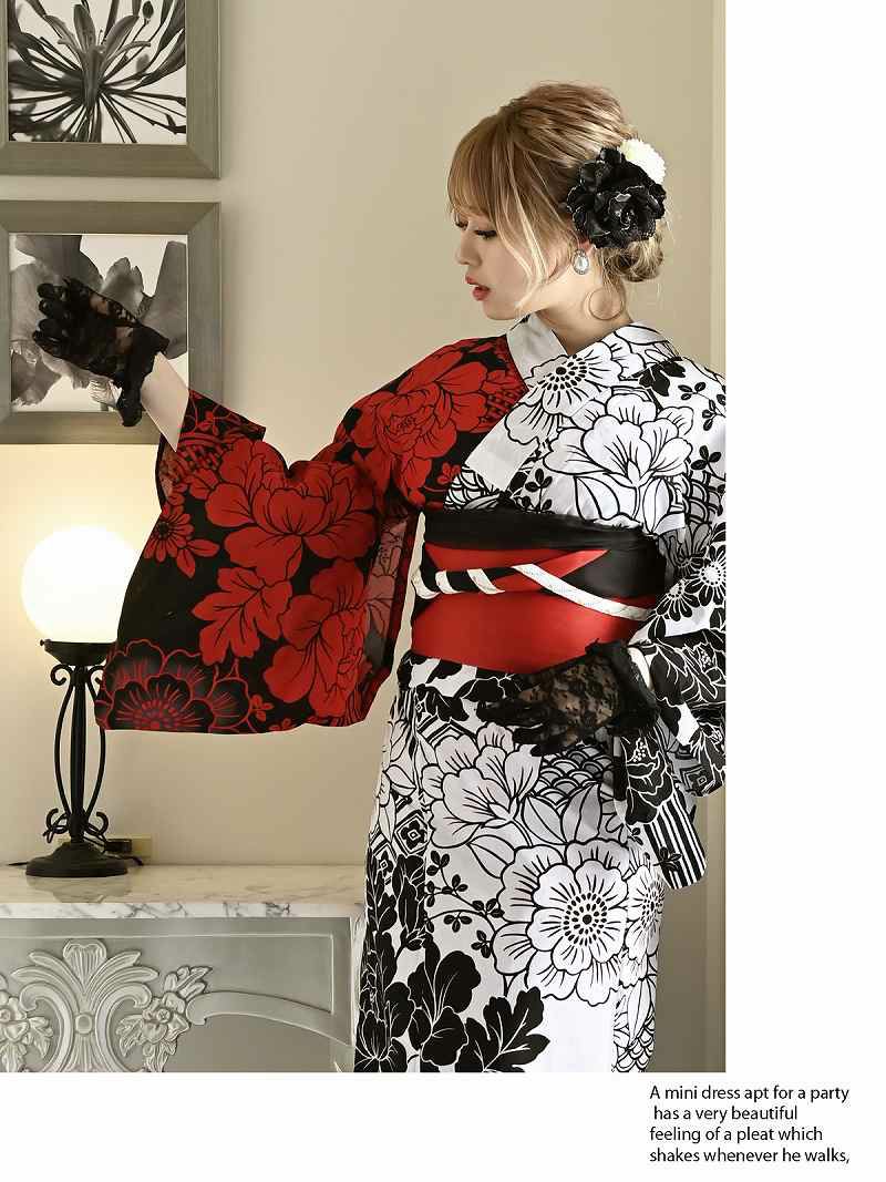 【即納】高級牡丹柄黒赤×黒白半身柄浴衣 ゆずは 着用 レディース浴衣2点セット