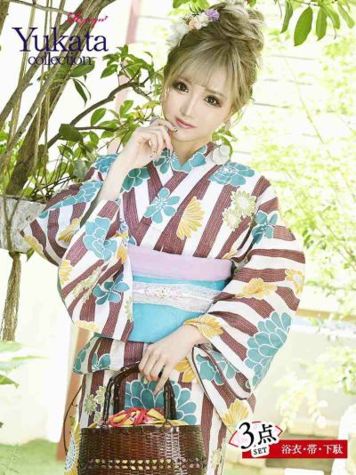 浴衣 華やかな菊柄レトロモダン浴衣　りせり 着用レディースゆかた3点セット(フリーサイズ)(花柄)