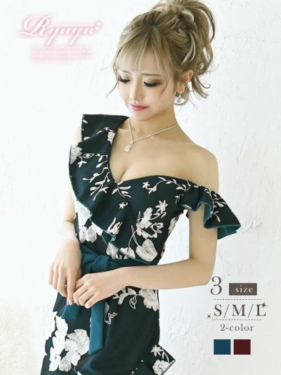 総レースウエストリボンミニドレス りせり NATUNE 着用キャバドレス【Ryuyu】(S/M/L)(グリーン/ワイン)
