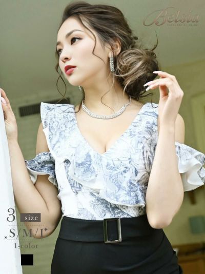 花柄オフショルアシンメトリー二段フリルミニ丈キャバドレス【Belsia】(S/M/L)(ブラック)
