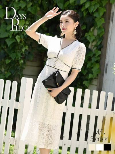 膝丈花柄総レース韓国風キャバワンピース【DAYS PIECE】(M/L)(ベージュ/ブラック/ホワイト)