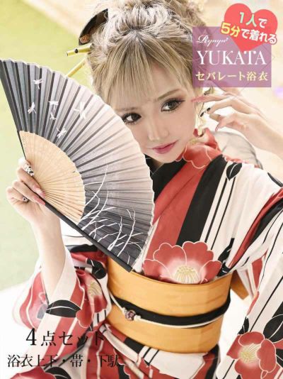 浴衣 昭和レトロ赤×黒椿柄ストライプ柄 りせり 着用レディース浴衣4点セット(フリーサイズ)(レッド)
