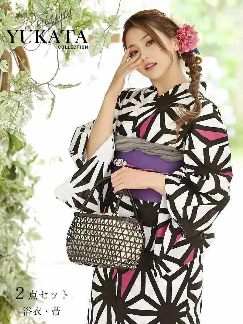 浴衣 モノトーン麻の葉半身柄浴衣2点セット【Ryuyu】