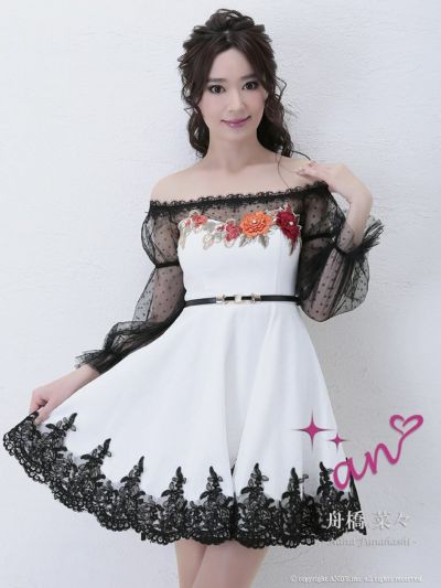 【an/アン】立体花柄刺繍ドットチュール袖フレアーキャバドレス ITK(S)(ホワイト)