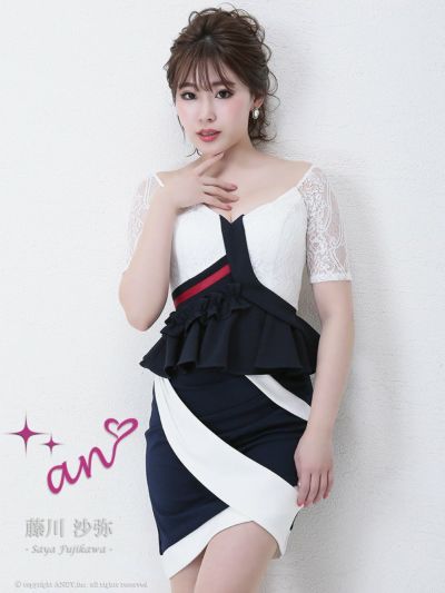 【an/アン】レースフリルトリコロールカラー袖付きセットアップキャバドレス ITK(S/M)(ホワイトネイビー×ホワイト)