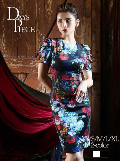 花柄プリント膝丈ラウンドネックキャバワンピース【DAYS PIECE】(XS/S/M/L/XL)(ブラック/ホワイト)【サイズ別SALE!】