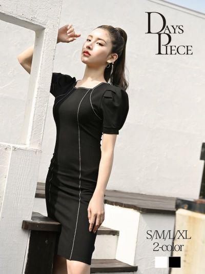 ステッチモノトーンタック袖キャバワンピース【DAYS PIECE】(S/M/L/XL)(ホワイト/ブラック)
