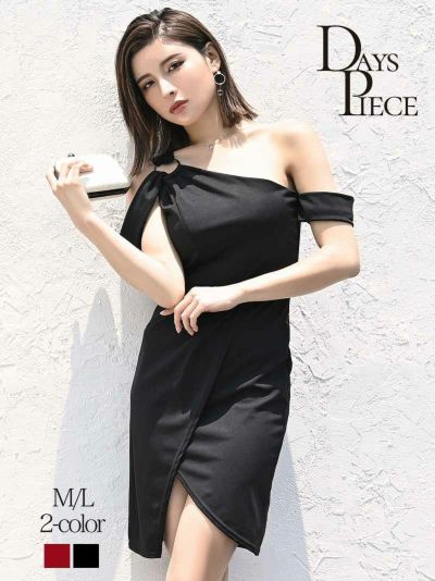 ワンショルゴールドリングアシメワンピース【DAYS PIECE】(M/L)(ブラック/レッド)