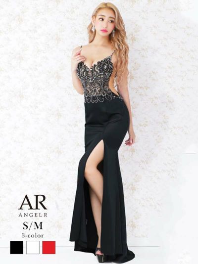 【Angel R/エンジェルアール】シアーデザイン花柄刺繍ビジューキャバロングドレス(S/M)(ホワイト/ブラック/レッド)
