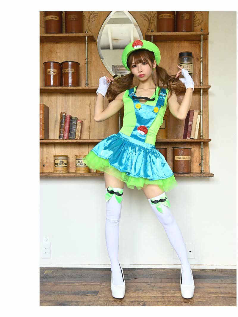 【即納】ハロウィンネオンカラーグリーンゲームキャラクターコスプレ ふれいあ 着用レディースコスプレ6点セット