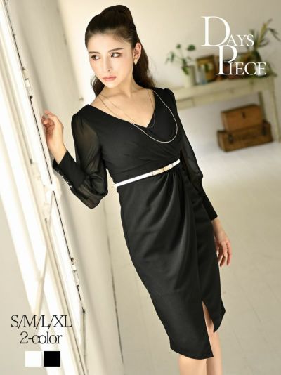 シアー袖付きワンカラー膝丈キャバワンピース【DAYS PIECE】(S/M/L/XL)(ホワイト/ブラック)