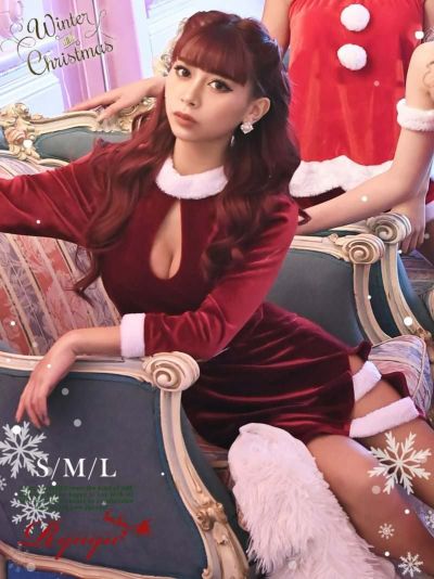 サンタコスプレ ワインレッドベロア調サイドスリットサンタコスプレ あいみ 着用キャバサンタ【Ryuyu】(S/M/L)(レッド)