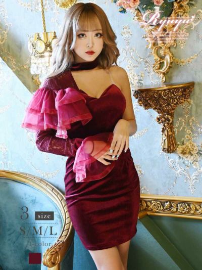 ワイン色キャンディースリーブワンショルダーミニドレス みりちゃむ 着用キャバクラドレス【Ryuyu】(S/M/L)(レッド)