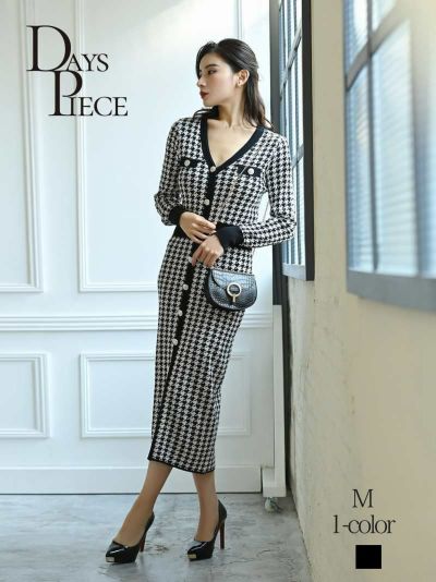 千鳥柄パイピングニットロング韓国キャバワンピース【DAYS PIECE】(M)(ブラック)