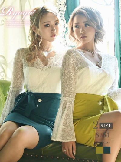 レースベルスリーブキラキラボタン付きミニドレス ゆずは りあな 着用キャバクラドレス【Ryuyu】(S/M)(イエロー/グリーン)