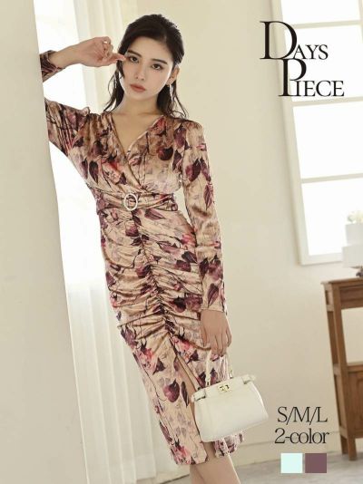 花柄カシュクール韓国風長袖ベロアワンピース【DaysPiece】(S/M/L)(ピンク/ブルー)