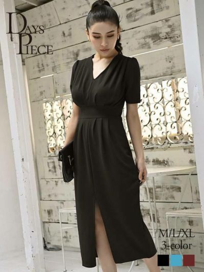 夏SALE￥6980→￥4886！ 袖付きワンカラー膝丈キャバワンピース【DaysPiece】(M/L/XL)(ブラック/ブルー/ワイン)