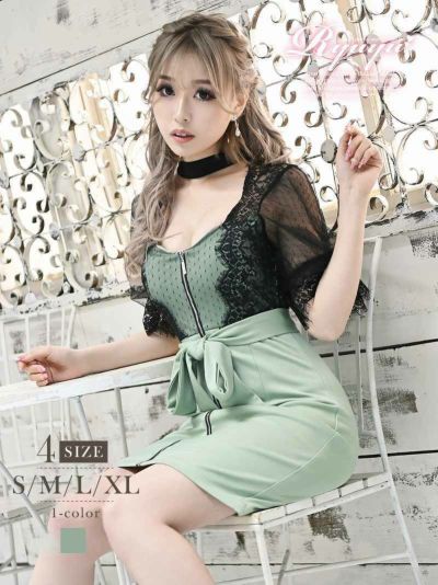 シアーパフスリーブフロントジップミニドレス ゆずは 着用キャバクラドレス【Ryuyu】(S/M/L/XL)(グリーン)【サイズ別SALE!】