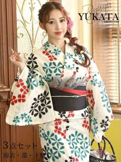 浴衣 花柄リバーシブル半幅帯付きレディース浴衣3点セット【Ryuyu】(フリーサイズ)(ホワイト)