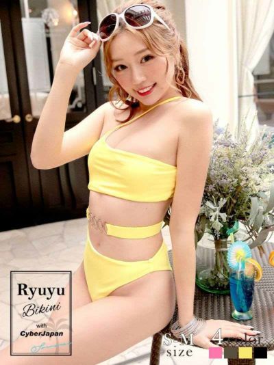 水着 ウエストカットアウトビキニ風モノキニ水着 レディースみずぎ【Ryuyu】(S-M)(ピンク/イエロー)