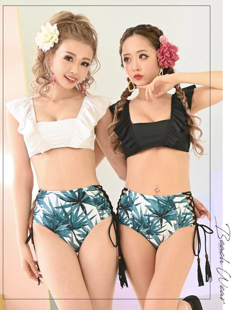 【即納】フリル×リーフ柄タンキニビキニ2点セット ゆずは みりちゃむ 着用レディース水着【Ryuyu/リューユ】
