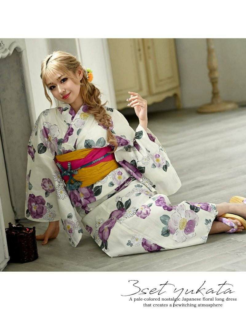 【即納】白×紫×椿きれいめ高級浴衣 ゆずは 着用ディース浴衣3点セット【Ryuyu/リューユ】