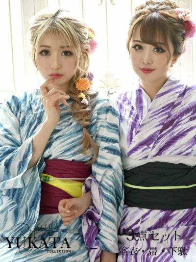 浴衣 白×水色×紫兵児帯 水彩柄レトロモダン浴衣 ゆずは 着用ディースゆかた3点セット【Ryuyu】(フリーサイズ)(ブルー)