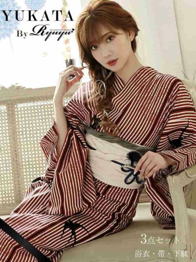 浴衣 赤×黒×ツバメ 椿柄ストライプ古典柄浴衣 レディースゆかた3点セット【Ryuyu】(フリーサイズ)(レッド)