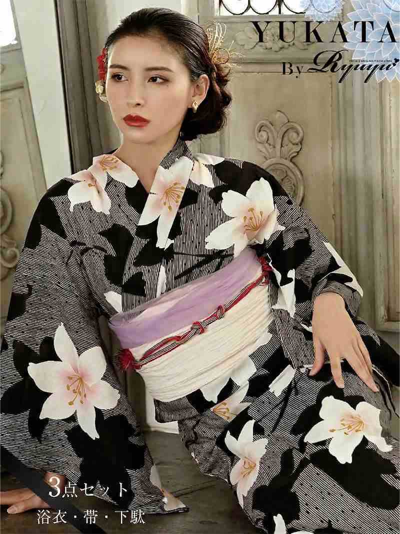 【即納】モノトーン 白の百合柄 古典柄シック浴衣レディース浴衣3点セット【Ryuyu/リューユ】