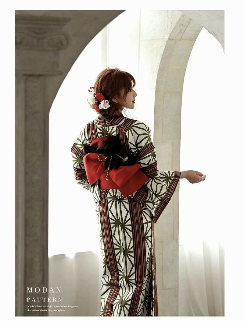 【即納】レトロな麻の葉模様の白地古典柄レディース浴衣3点セット【Ryuyu/リューユ】