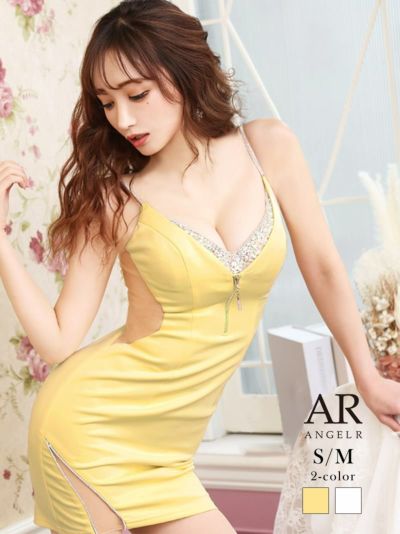 【Angel R/エンジェルアール】フロントバストジップビジューキャバドレス(S/M)(ホワイト/イエロー)