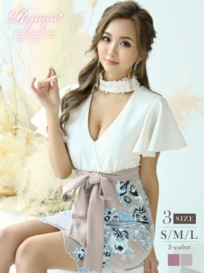 フレアスリーブ花柄刺繍キャバドレス れいたぴ 着用ミニドレス【Ryuyu】(S/M/L)(グレー/ピンク)