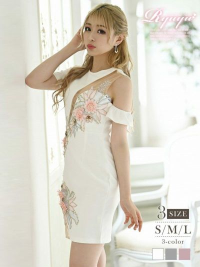 ゾロ目SALE￥6480→￥3555！ 袖付き谷間見せ立体フラワーキャバドレス まぁみ  ゆずは 着用ミニドレス【Ryuyu】(S/M/L)(ピンク/ホワイト/グレー)
