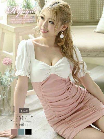 袖付きパステルカラータイトキャバドレス ゆずは みりちゃむ 着用ミニドレス【Ryuyu】(M)(ブラック/ピンク/ブルー)